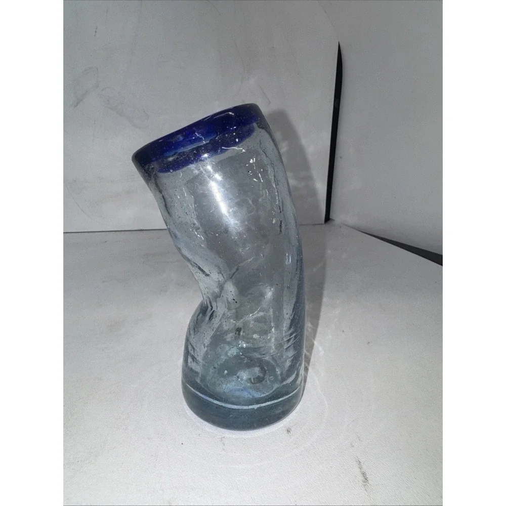 Crooked Bent Cup Hand Blown Glass Clear Blue Trim leaning unique Heavy 7